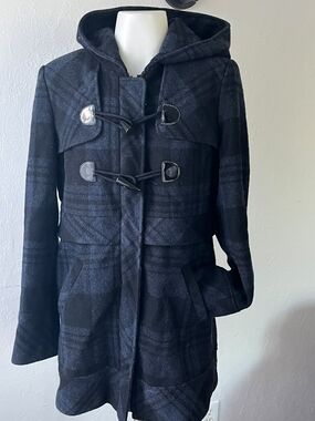 Guess Black Hooded Wool-Blend Pea Coat with Toggle Closures
